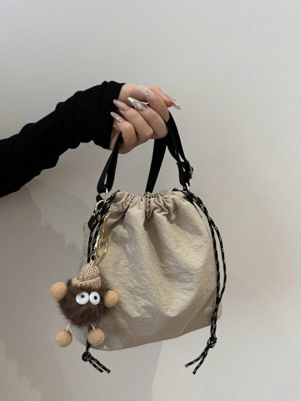 1 pièce Sac seau en nylon unicolore avec accessoire de pompon en peluche, sac bandoulière mode femme – Image 10