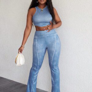 SHEIN Slayr Nouveau festival de musique Ensemble de 2 pièces pour femmes avec débardeur à manches courtes sans manches extérieur décontracté simple et sportif et pantalon droit imprimé côtelé ajusté - H