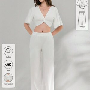 SHEIN Ensemble d'été deux pièces, haut torsadé à manches à volants et en tissu texturé avec pantalon large taille haute