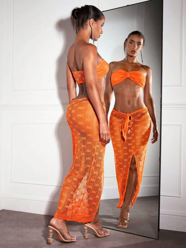 SHEIN BAE Haut en crochet orange en maille creuse, top en néon perspective pour tenues de musique de festival de pays, tenues de concert en crochet, parfait pour les fêtes de plage de vacances, bikini tube top, ensemble jupe cache-maillot noué – Image 4