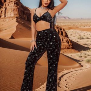 SHEIN SXY Ensemble deux pièces pour femme de mode bohème de style occidental pour festival de musique, comprenant un top cami avec franges décoratif ajustable, élégant et sexy en peluche noire avec des paillettes argentées, et un pantalon à taille haute, élastique et taille haute décoré de paillettes argentées.