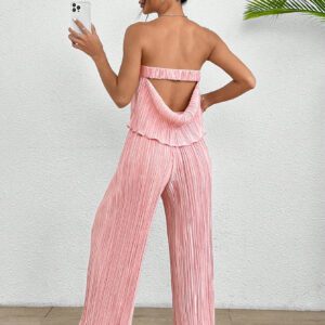 SHEIN PETITE Ensemble deux pièces femme, haut tube unicolore et pantalon long à la mode