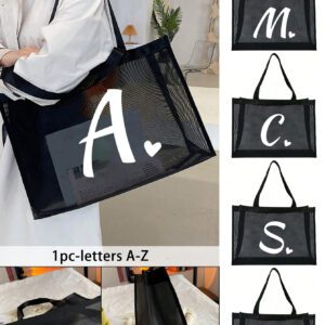 1 pièce Sac de plage en maille avec impression d'initiale de lettre A-Z avec cœur, sac de plage en forme de cœur, sac de plage pliable, sac de plage en maille, sac à main pour femmes, convient pour les vacances à la plage et les achats