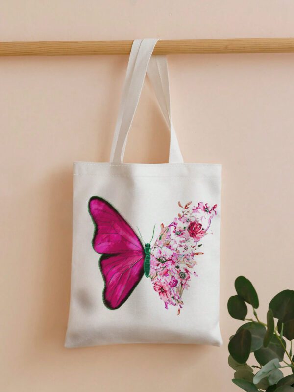 Sac à provisions avec imprimé floral et papillon, sac d'école. Capacité importante, portable, pliable, classique décontracté. Convient aux adolescentes, femmes, étudiantes. Parfait pour la rentrée scolaire, le premier jour d'école, le collège, le lycée, les courses, les vacances, l'université. Sac papillon tendance – Image 2