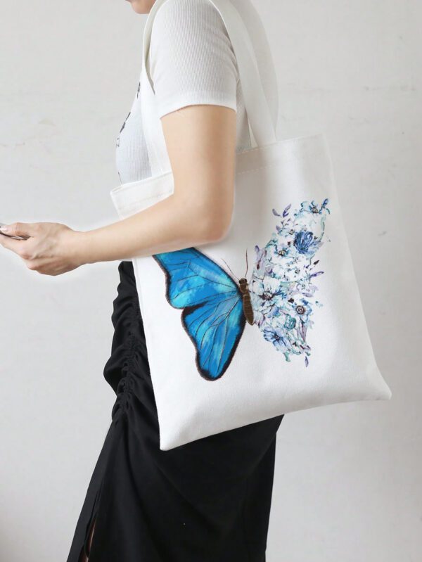 Sac à provisions avec imprimé floral et papillon, sac d'école. Capacité importante, portable, pliable, classique décontracté. Convient aux adolescentes, femmes, étudiantes. Parfait pour la rentrée scolaire, le premier jour d'école, le collège, le lycée, les courses, les vacances, l'université. Sac papillon tendance – Image 4
