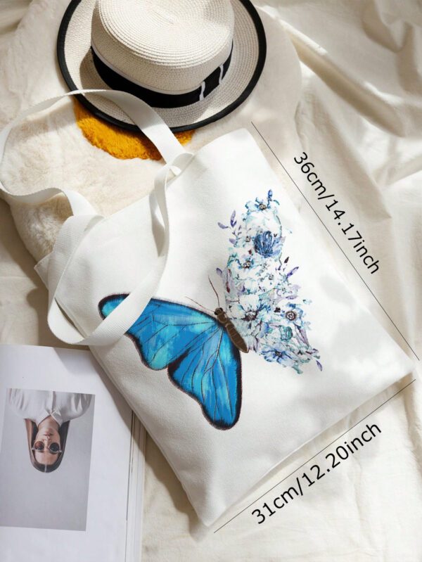 Sac à provisions avec imprimé floral et papillon, sac d'école. Capacité importante, portable, pliable, classique décontracté. Convient aux adolescentes, femmes, étudiantes. Parfait pour la rentrée scolaire, le premier jour d'école, le collège, le lycée, les courses, les vacances, l'université. Sac papillon tendance – Image 5