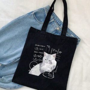 1 pièce Sac fourre-tout noir avec impression de problème de mathématiques pensant au chat, sac de courses en canevas pour femmes pour une utilisation extérieure Léger, portable, convient aux adolescentes, aux étudiantes, parfait pour la rentrée scolaire, l'université, le collège, le lycée