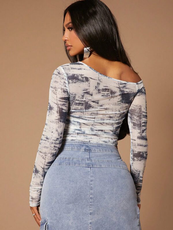 SHEIN SXY Haut Sexy À Manches Longues Moulant Pour Femmes, Court Imprimé Printemps Et Été Avec Découpe – Image 3