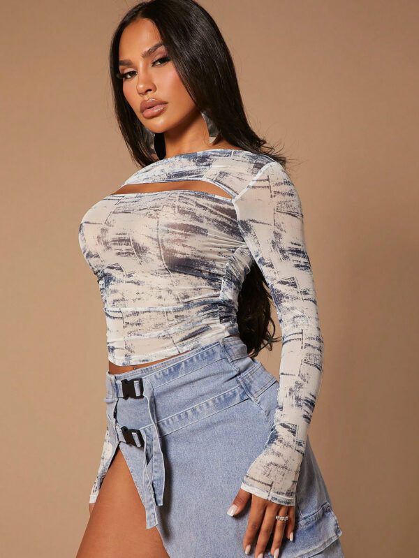 SHEIN SXY Haut Sexy À Manches Longues Moulant Pour Femmes, Court Imprimé Printemps Et Été Avec Découpe – Image 6