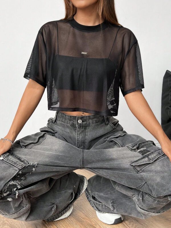 SHEIN EZwear Top en maille noir à manches courtes pour femmes