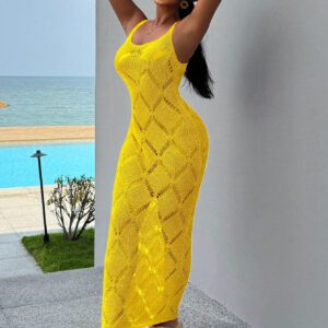 SHEIN VaVaLuxe Robe de longue de vacances de plage d'creux simple à bretelles spaghetti fendue pour femmes