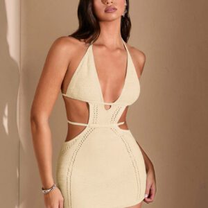 SHEIN BAE Robe mini en maille à ras-du-cou en blanc, bikini au crochet, tenues sexy, tenues de plage pour femmes, style bohème, robes d'été pour femmes
