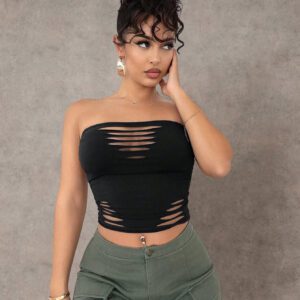 SHEIN BAE Top bandeau gris serré style dévasté en coupe monochrome évidée pour les tenues de tous les jours en printemps/été, vêtements de rue, tenues de concert, vêtements de festival, vêtements de festival de musique pour femmes sexy.