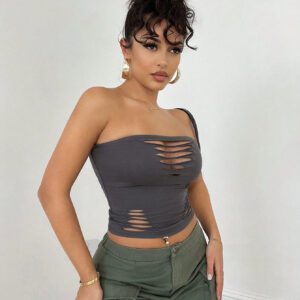 SHEIN BAE Top bandeau gris serré style dévasté en coupe monochrome évidée pour les tenues de tous les jours en printemps/été, vêtements de rue, tenues de concert, vêtements de festival, vêtements de festival de musique pour femmes sexy.