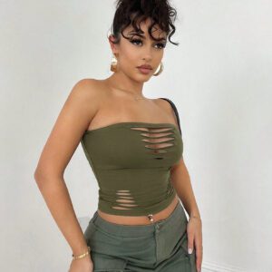 SHEIN BAE Top bandeau gris serré style dévasté en coupe monochrome évidée pour les tenues de tous les jours en printemps/été, vêtements de rue, tenues de concert, vêtements de festival, vêtements de festival de musique pour femmes sexy.
