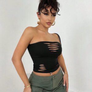 SHEIN BAE Top bandeau gris serré style dévasté en coupe monochrome évidée pour les tenues de tous les jours en printemps/été, vêtements de rue, tenues de concert, vêtements de festival, vêtements de festival de musique pour femmes sexy.