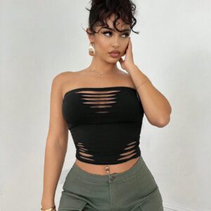 SHEIN BAE Top bandeau gris serré style dévasté en coupe monochrome évidée pour les tenues de tous les jours en printemps/été, vêtements de rue, tenues de concert, vêtements de festival, vêtements de festival de musique pour femmes sexy.