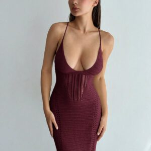Aloruh Robe longue moulante élégante avec décolleté en V profond, à fines bretelles, dos nu et bandes bandage