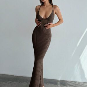 Aloruh Robe longue moulante élégante avec décolleté en V profond, à fines bretelles, dos nu et bandes bandage