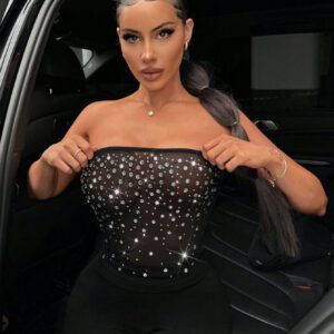 SHEIN SXY Débardeur de fête des vacances pour femmes Grace Strass Festival de musique Top sans bretelles décoré de strass à la mode