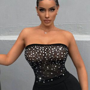 SHEIN SXY Débardeur de fête des vacances pour femmes Grace Strass Festival de musique Top sans bretelles décoré de strass à la mode