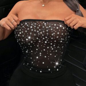 SHEIN SXY Débardeur de fête des vacances pour femmes Grace Strass Festival de musique Top sans bretelles décoré de strass à la mode