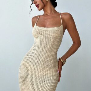 Firerie Robe midi moulante en tricot à dos ouvert et fendue sur le côté, élégante, simple et sexy