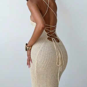 Firerie Robe midi moulante en tricot à dos ouvert et fendue sur le côté, élégante, simple et sexy