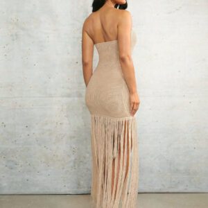 Silquee Robe de plage couverte au crochet "Island Girl", lin abricot sans bretelles, sans bretelles, mini-robe au crochet avec franges extra longues, idéale pour les vacances de printemps et d'été à la plage