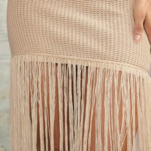 Silquee Robe de plage couverte au crochet "Island Girl", lin abricot sans bretelles, sans bretelles, mini-robe au crochet avec franges extra longues, idéale pour les vacances de printemps et d'été à la plage
