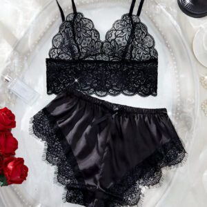 Ensemble de lingerie en satin avec dentelle contrastante, ensemble de soutien-gorge et culotte