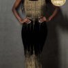 SHEIN Slayr Robe moulante à imprimé tout-sur-tout à franges dorées pailletées de style rétro, convient pour les fêtes