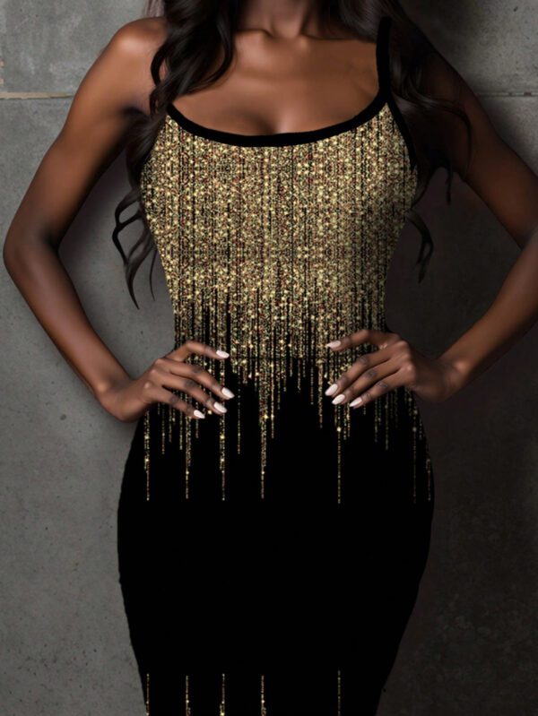 SHEIN Slayr Robe moulante à imprimé tout-sur-tout à franges dorées pailletées de style rétro, convient pour les fêtes – Image 7
