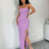 Aloruh Robe longue élégante ajustée à volants fendue sur le côté, de couleur unie d'été sans bretelle pour femmes