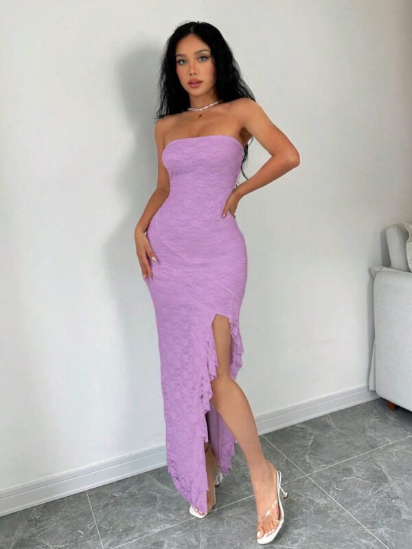 Aloruh Robe longue élégante ajustée à volants fendue sur le côté, de couleur unie d'été sans bretelle pour femmes