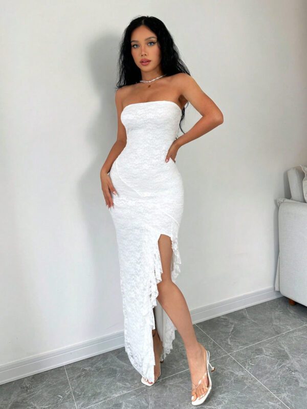 Aloruh Robe longue élégante ajustée à volants fendue sur le côté, de couleur unie d'été sans bretelle pour femmes – Image 2