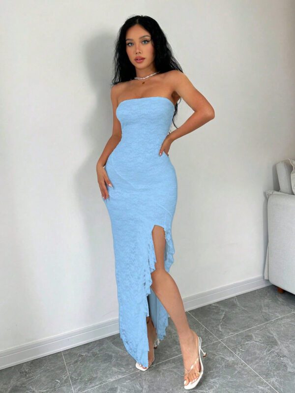 Aloruh Robe longue élégante ajustée à volants fendue sur le côté, de couleur unie d'été sans bretelle pour femmes – Image 4