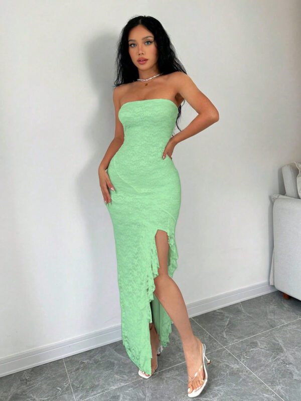 Aloruh Robe longue élégante ajustée à volants fendue sur le côté, de couleur unie d'été sans bretelle pour femmes – Image 5