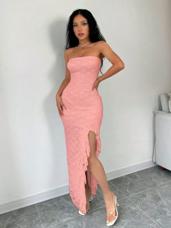 Aloruh Robe longue élégante ajustée à volants fendue sur le côté, de couleur unie d'été sans bretelle pour femmes – Image 6