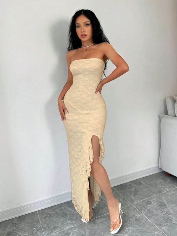 Aloruh Robe longue élégante ajustée à volants fendue sur le côté, de couleur unie d'été sans bretelle pour femmes – Image 7