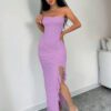 Aloruh Robe longue élégante ajustée à volants fendue sur le côté, de couleur unie d'été sans bretelle pour femmes – Image 11