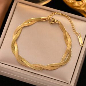 MONALLY 1 pièce Bracelet chaîne tressée en couleur or et argent plaqué or 18 carats en acier inoxydable. Accessoire de mode de luxe, cadeau parfait pour la Saint-Valentin pour la meilleure amie, style occidental