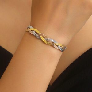 MONALLY 1 pièce Bracelet chaîne tressée en couleur or et argent plaqué or 18 carats en acier inoxydable. Accessoire de mode de luxe, cadeau parfait pour la Saint-Valentin pour la meilleure amie, style occidental