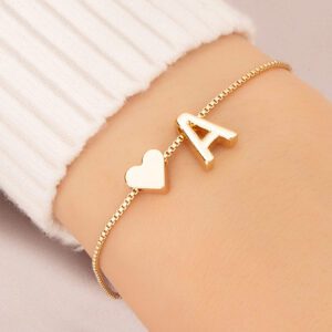 1 pièce Bracelet charm simple et avec symbole de cœur, bracelet à maillons avec 26 lettres de l'alphabet anglais de conception rétro, Saint-Valentin