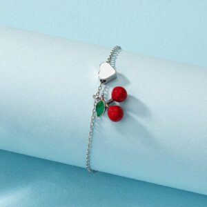 1 pièce Bracelet de port quotidien pour femme de forme de cœur de cerise rouge élégante, Saint-Valentin
