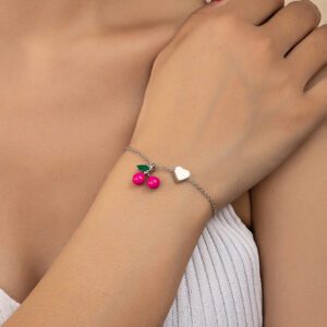 1 pièce Bracelet de port quotidien pour femme de forme de cœur de cerise rouge élégante, Saint-Valentin