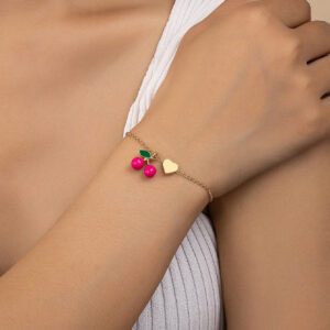 1 pièce Bracelet de port quotidien pour femme de forme de cœur de cerise rouge élégante, Saint-Valentin