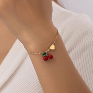 1 pièce Bracelet de port quotidien pour femme de forme de cœur de cerise rouge élégante, Saint-Valentin