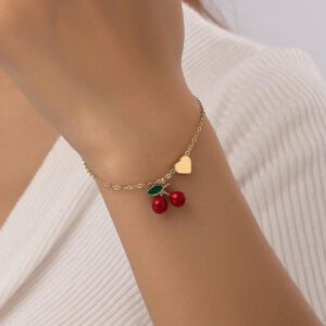 1 pièce Bracelet de port quotidien pour femme de forme de cœur de cerise rouge élégante, Saint-Valentin