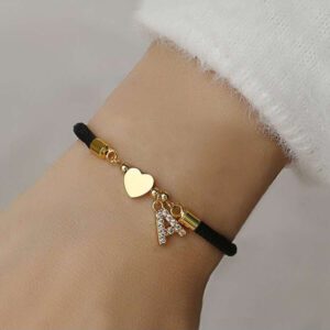 1 pièce Branché Paver Cubique A-Z Lettre Initiale Cœur Corde Réglable Bracelet Femme